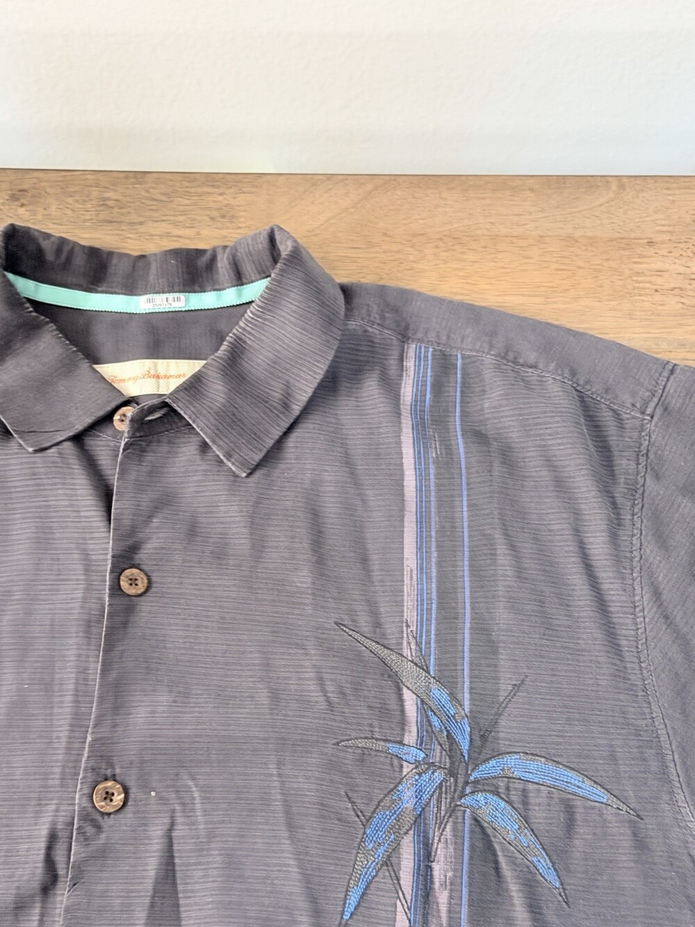 Tommy Bahama Mens XL Silk Camp Shirt Gray Blue Embroidered Bamboo Tropical
